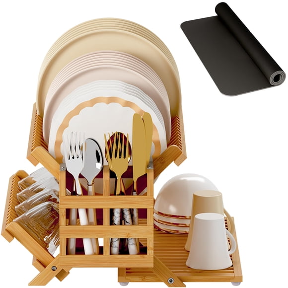 Estante para secar platos Greenual Bamboo de 3 niveles con soporte para utensilios