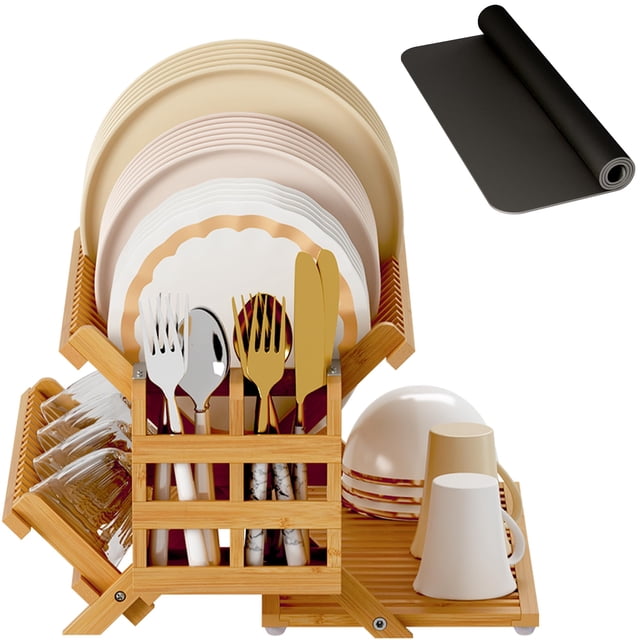 Estante para secar platos Greenual Bamboo de 3 niveles con soporte para utensilios