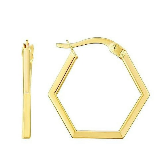 JewelStop 14K Gold Hexagon Hoop Earrings with Polished Finish and Hinged Clasp for Women - 1.50gr