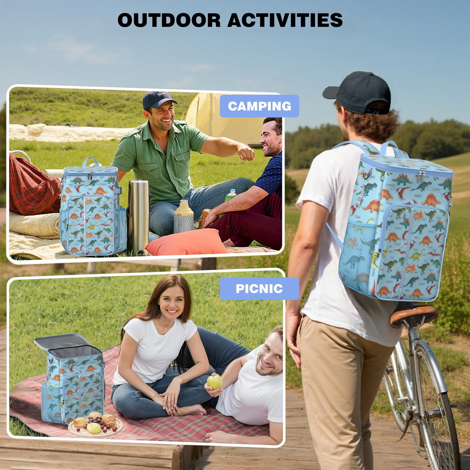Travel Cooler Bag - Blue Cartoon Dinosaurs Names Pattern Camping Beer Cooler Backpack with Bottle Opener- Waterproof Insulated Picnic Backpacks - Cooler Bag for Beach