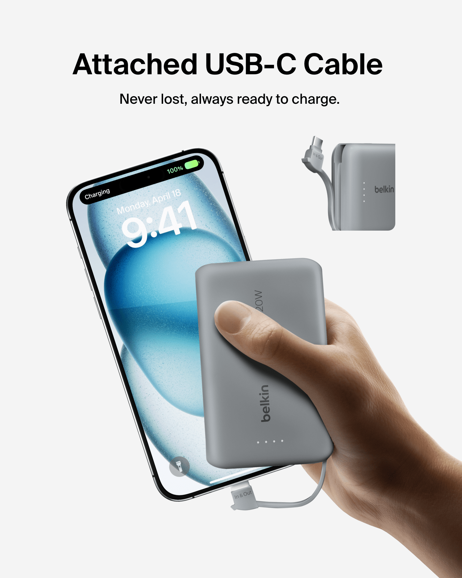 Belkin Portable Charger, Power Bank 10,000mAh with Integrated Cable - 20Watt Fast Charge USB-C Power Delivery, Portable iPhone Charger for iPhone 16 Series, iPad Pro, Galaxy S25, and More - Gray