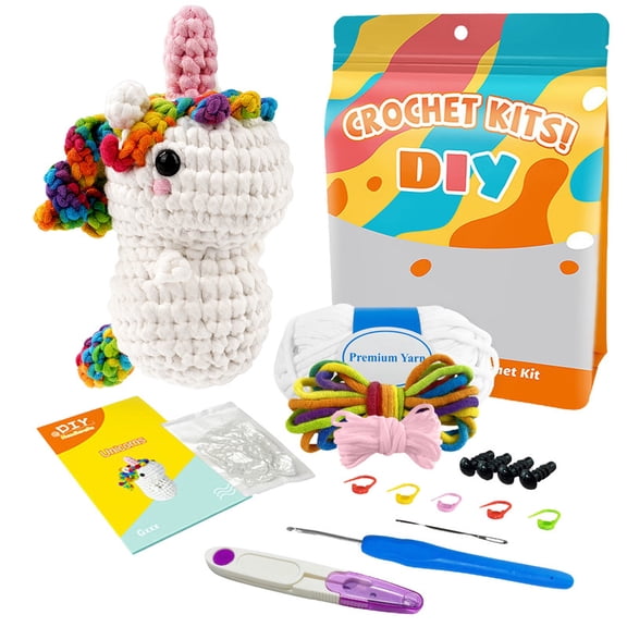 Rainbow Unicorn Crochet Kit for Beginners, Complete Amigurumi Crochet Starter Set with Yarn, Hook, Stuffing, DIY Craft