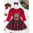 thumbnail image 2 of FEORJGP Toddler Infant Baby Girls Christmas Outfits Puff Sleeve Jumpsuit Crew Neck Romper + Deer Suspender Skirt A-line Skirt + Headband Set Newborn Cute Clothes, 2 of 9