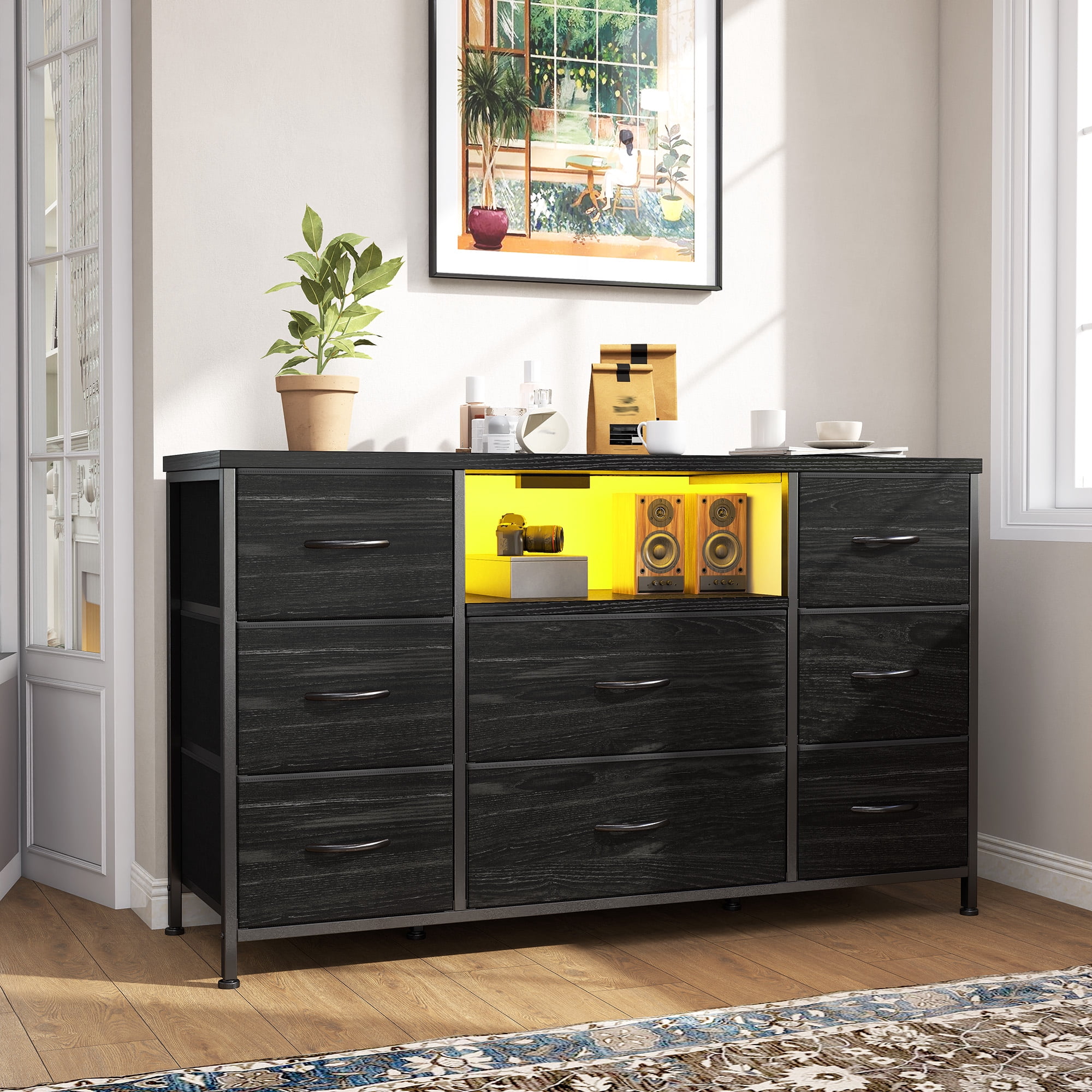 Romorgniz Dresser TV Stand for 55 inch TV with LED Lights & Charging Station Dresser for Bedroom with 8 Drawers, Black