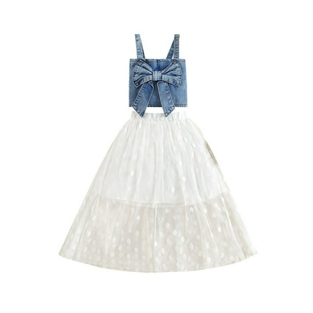 

Cute Summer Toddler Girls Outfits Set Child Set Bow Tie Denim Sling Top Polka Dot Mesh Skirt Two Piece Set Birthday Party Daily Wear For 3-4 Years