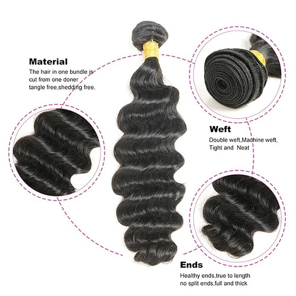 2 Bundles Loose Deep Wave Human Hair, 100% Unprocessed Brazilian Virgin Remy Hair Extension With 13x4 Lace Frontal Natural Black Color for Women