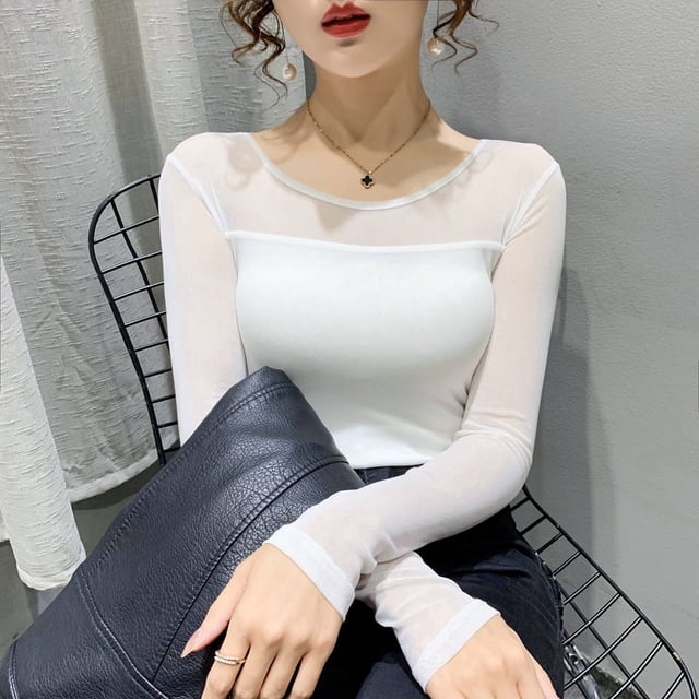 RWJDXD T-shirt à Col Rond Automne Hiver pour Femmes, Chemise Aguichant en Maille, Manches Longues, Couleur Unie, Coupe Ajustée, Manches Longues, Hauts Décontractés