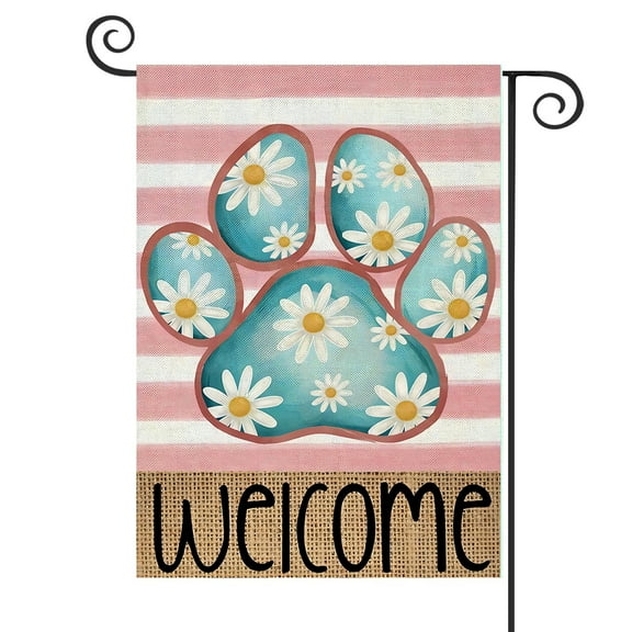 DMERBYL Welcome Spring Summer Garden Flags for Outside,Dog Paw with Daisy Flowers Stripes Yard Decoration,Small Seasonal Outdoor Decor for Wedding Anniversary Farmhouse Holiday,12x18 Inch Double Sided