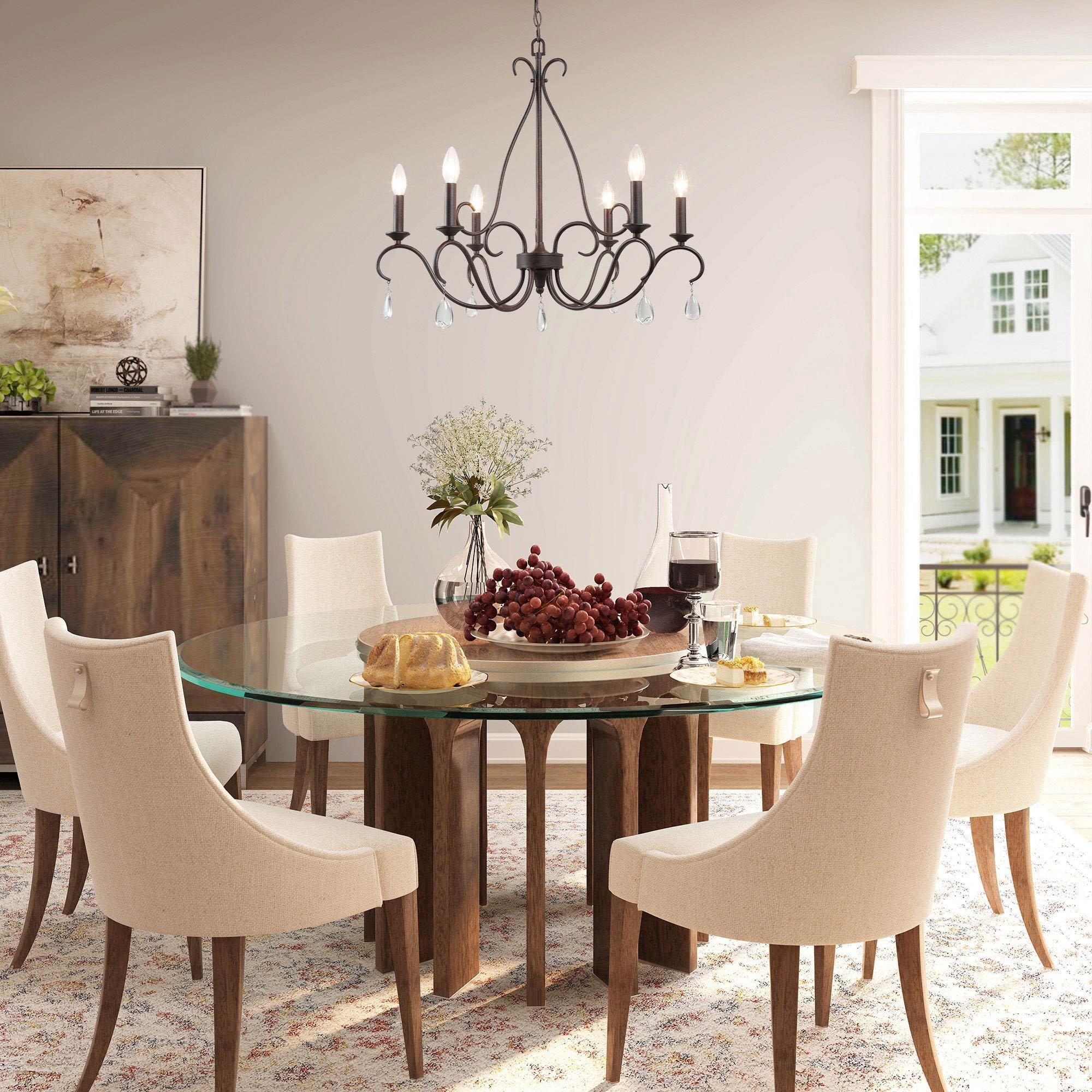 LNC Rustic 6-Light Chandelier Bronze Finish, LED Kitchen Island Light with Crystal