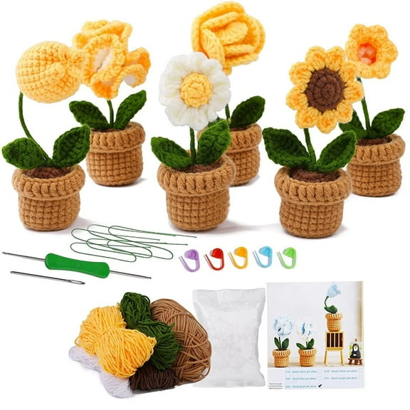 Beginner Crochet Kit, 6 Pcs Potted Plants Crochet, Crochet Kit for Beginners, Sunflower Crochet Kit, Starter Pack for Adults and Kids, Yellow