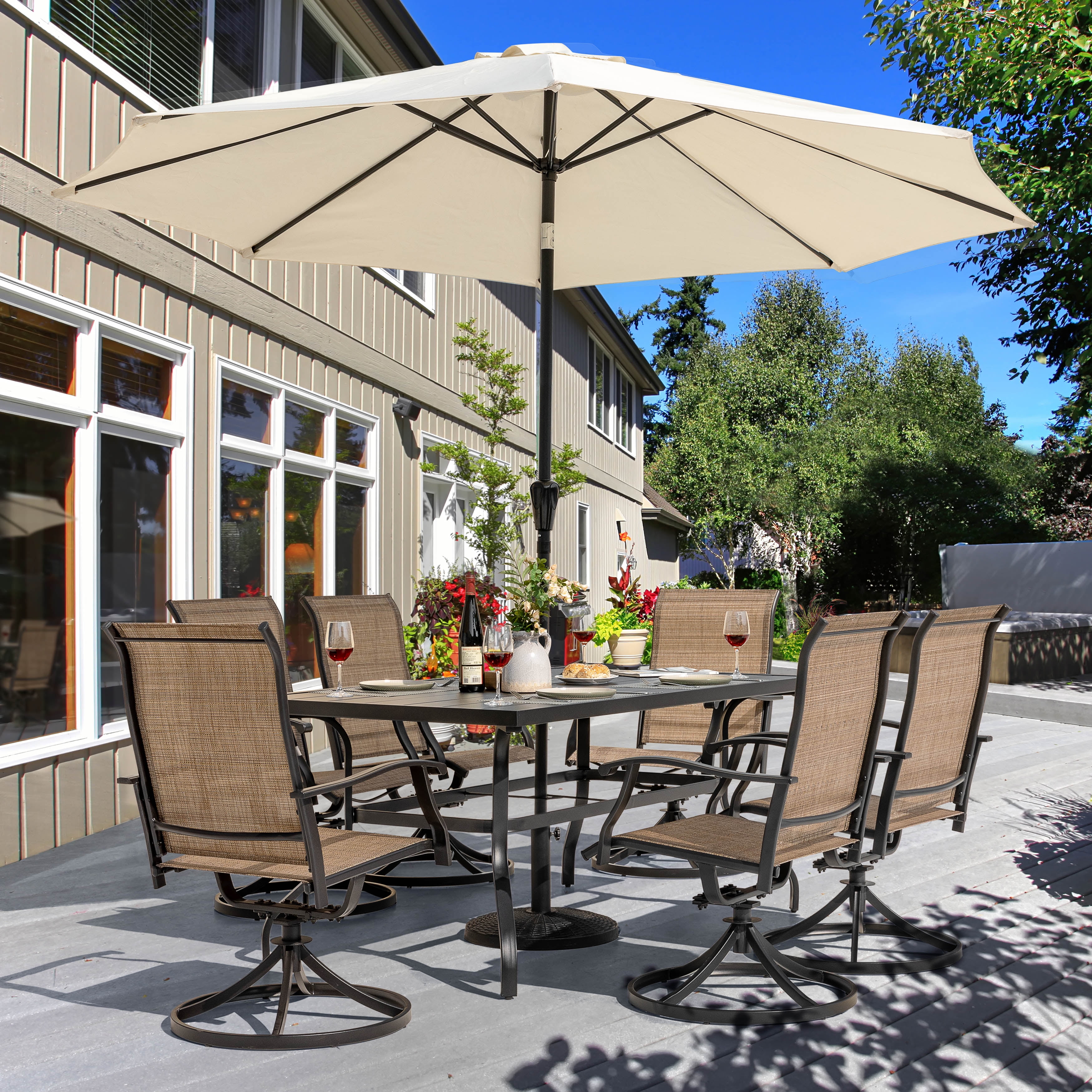 Nuu Garden 7 Piece Outdoor Dining Set Iron Patio Furniture Set 6 Swivel Patio Chairs and 1 Dining Table with 1.57 Inch Umbrella Hole for Lawn Backyard Balcony, Brown