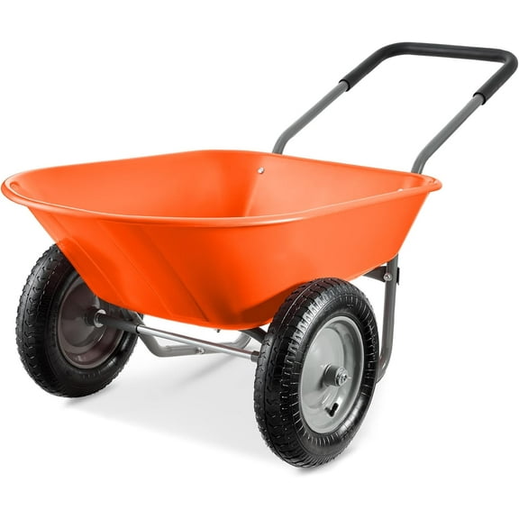 Dual-Wheel Home Utility Yard Wheelbarrow Garden Cart w/Built-in Stand for Lawn, Gardening, Construction - Orange