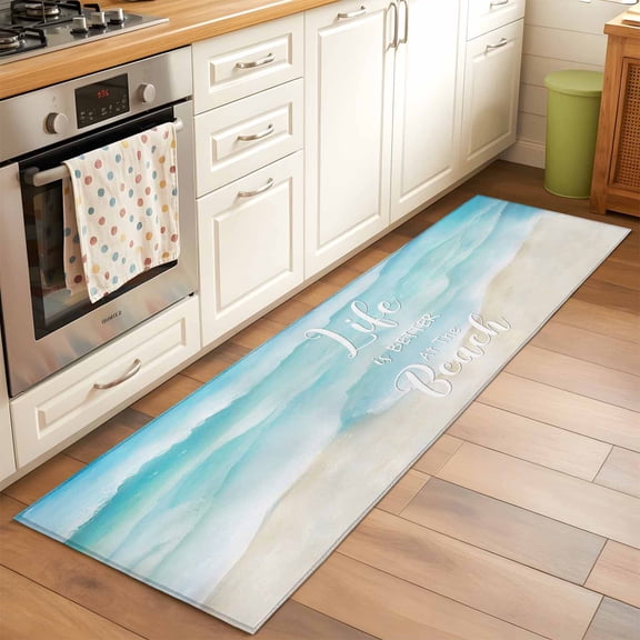 2x6 Kitchen Runner Rug, Blue Waves Non-Skid Rubber Backing Large Rectangle Rugs - Living Room Bedroom Home Office, Summer Beach Coastal Nautical Ocean Indoor Floor Mat Carpets Washable Rug