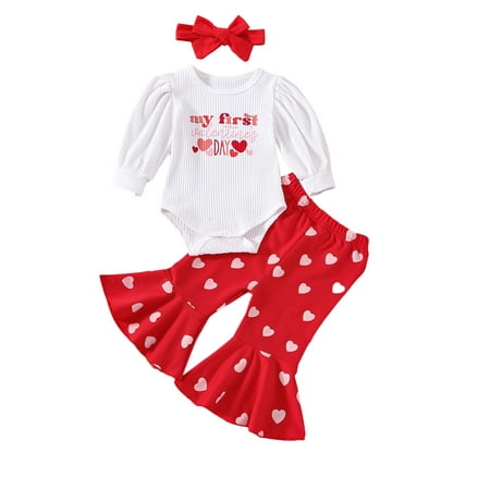 

Valentines Days Infant Girls Outfit Long Puff Sleeve Letter Printed Romper Heart Print Flared Pants
