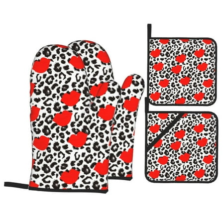 

Oven Mitts and Pot Holders Sets 4 pcs Leopard red lips Non-Slip Oven Gloves Potholders Soft Quilted Lining Heat Resistant Gloves Hot Pads for Kitchen Cooking Baking