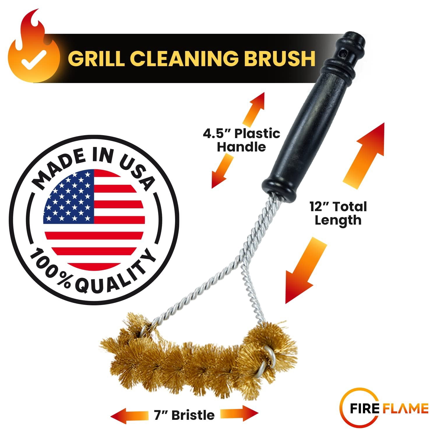 Fireflame BBQ Grill Brush  Non-Scratch Brass Bristles - 12-Inch Long Handle Barbecue Grill Cleaning Brush - Wide-Faced Spiral Heavy-Duty  Made in The USA
