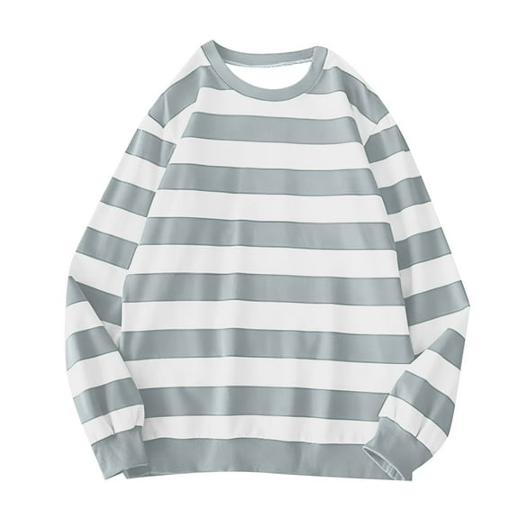 larppty Women's Casual Loose Striped Shirts Crewneck Long Sleeve Basic Color Block Tee Tops (Grey, S)