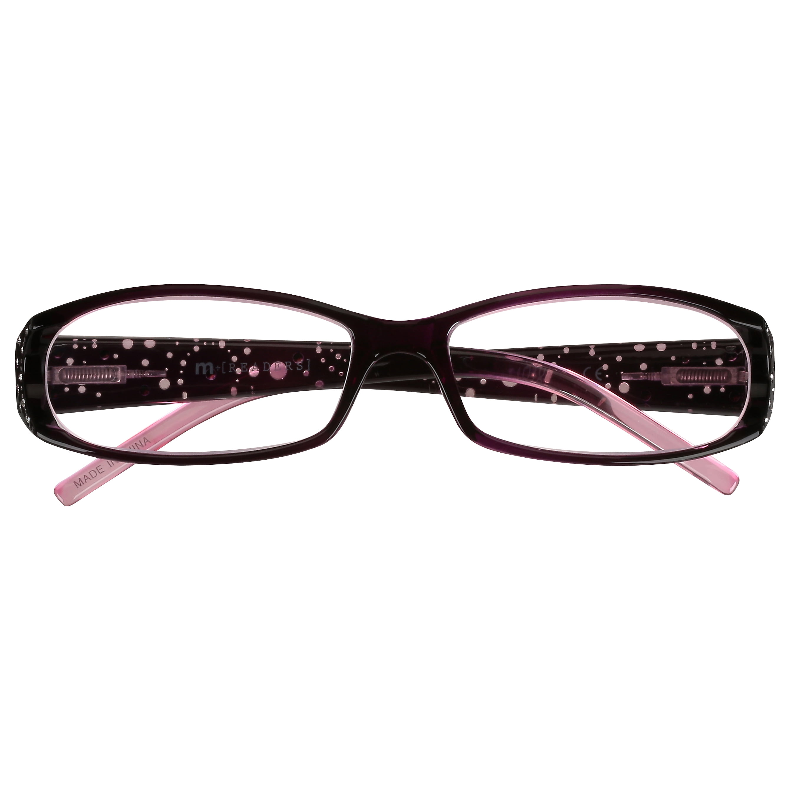 (2 pack) M+ Womens Rectangular Plastic Reading Glasses 1.75 Amber in Purple with Rhinestones