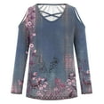 thumbnail image 4 of QUNYINEY Casual Shirts for Women Trendy Long Sleeve Floral V-Neck Blue Tops Loose Pullover Cut Out Cold Shoulder T-Shirts, 4 of 4