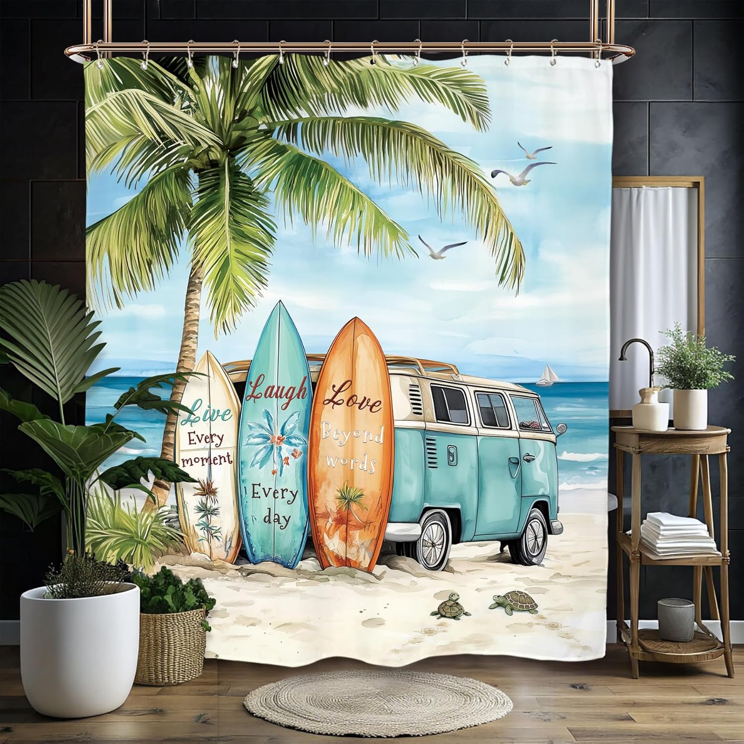 Coastal Beach Palm Surfboard Shower Curtain Set Ocean Summer Tropical Scenery Hawaii Camping Waterproof Bathroom Curtain with Hooks-60"W x 72"L (Pack of 1)