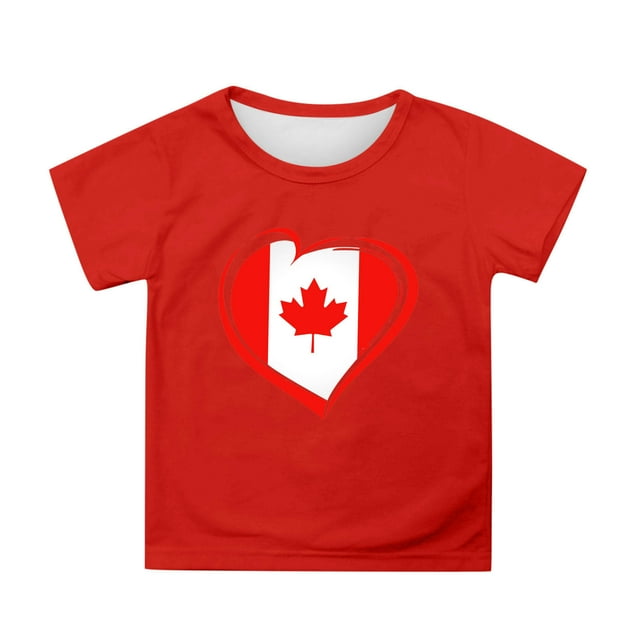 NINGMENG Hauts et T-Shirts pour Filles Enfants Enfants Canada Imprimé Col Rond Manches Courtes Coupe Décontractée Hauts Basiques Chandail T-Shirts Mode Urbaine, Rouge, 6-7 Ans