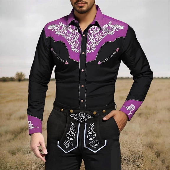 Western Floral Embroidered Shirt Mens Cowboy Long Sleeve Button Down Shirt Slim Casual Spring Fall Turn Down Collar Top Light Purple XXXL