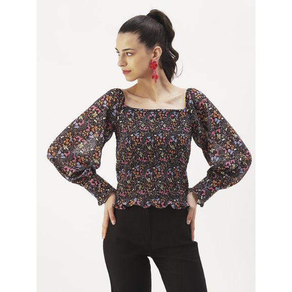 DressBerry Women's Printed Poly Georgette Square Neck Long Balloon Cuffed Sleeves Blouse Smocked Hem Ruffled Border Casual Summer Wear Waist Length Regular Top