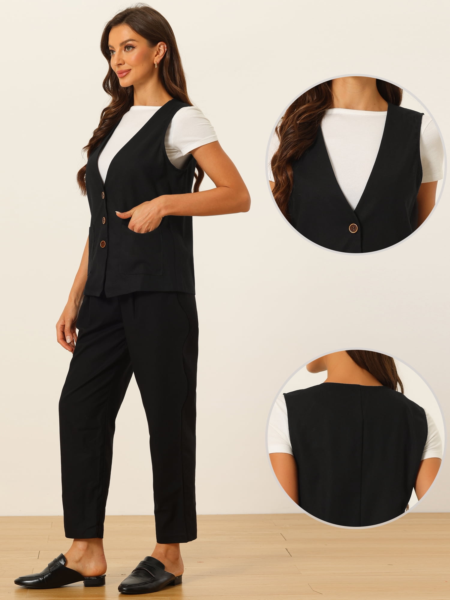 DARING DIVA Women's Button Down Vest Linen V Neck Summer Waistcoat S Black
