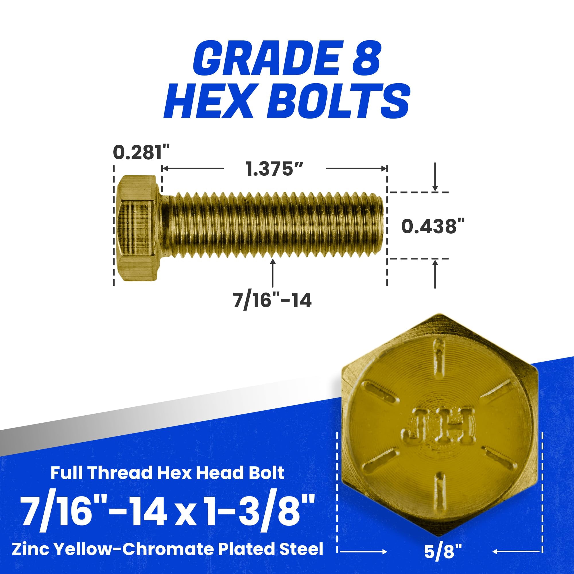 Fastenere 7/16"-14 x 1-3/8" Hex Bolts Grade 8 Zinc Yellow-Chromate Plated Steel, Fully Threaded Durable Hex Bolts for Machinery & Construction, Rust-Resistant, Heavy-Duty Fasteners, Pack of 10