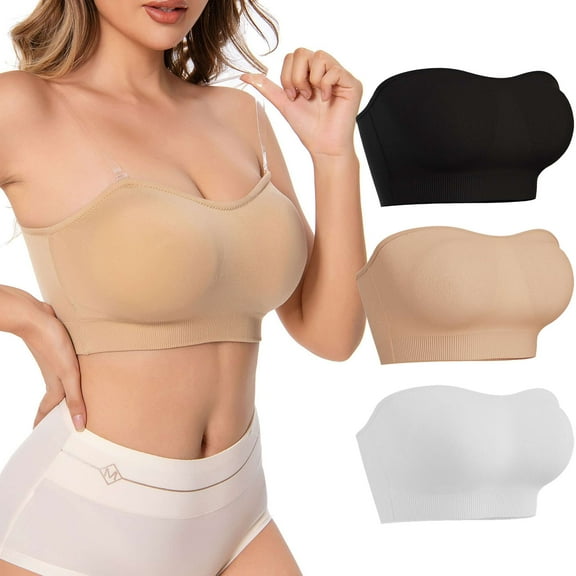 Gustave 3 Pack Strapless Bandeau Bra for Women Non-Slip Seamless Padded Bralette Wireless Tube Top Bras with Removable Pads Clear Straps