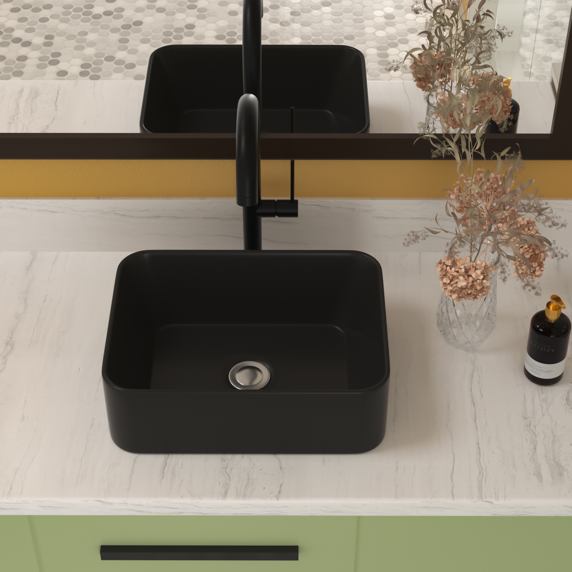Logmey 16"Lx12"W Rectangle Black Vessel Sink for Bathroom Ceramic Sink Above Counter Basin Art