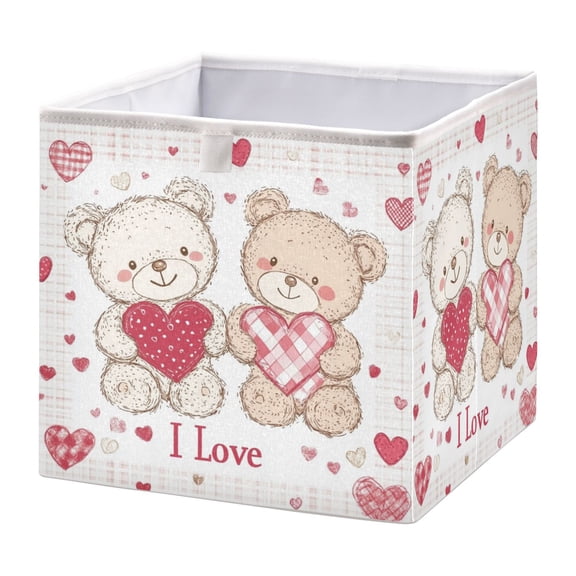 WOBOGO Valentine Teddy Bear Storage Basket Foldable Easy to Clean Durable with Hollow Support Plate with Handle 11.02×11.02×11.02 in
