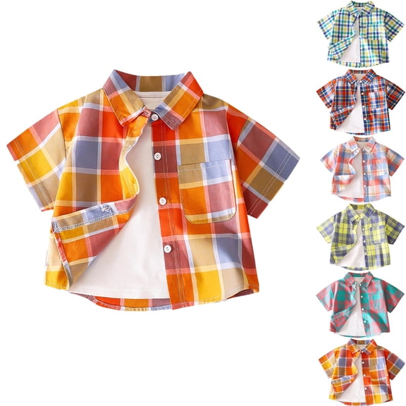 DJDLJWCJ Short Sleeve Button Up Shirt for Boys Lightweight Plaid Printed polo Shirts Stretch Soft Summer Shirt Orange Size 7