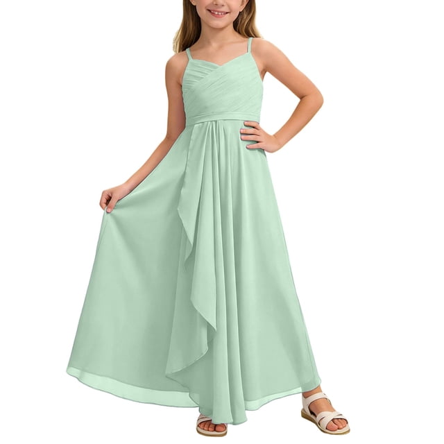 DuoJiaJ Robe Trapèze pour Fille Demoiselle d'Honneur Junior Robe Maxi Fluide en Mousseline Robe de Mariage Fête Concours Taille 3-4 Ans