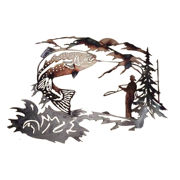 NSESSHome Fishing Scene Metal Wall Art,Animal Shape Wall Decal Vivid Decoration for Living Room,Bedroom,Bathroom Indoor Outdoor