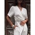 thumbnail image 4 of Womens Casual Fashion Set Tie Waist Irregular Hem Top with Wide Leg Pants Two Piece Outfit White S, 4 of 10