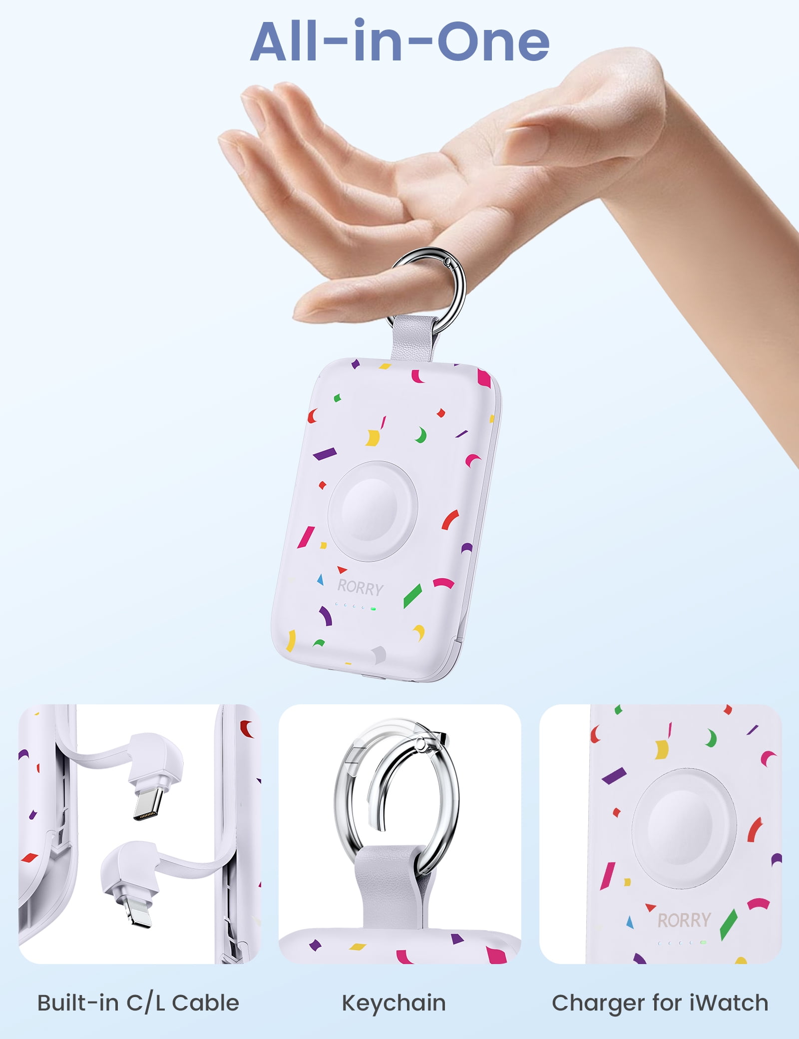 RORRY 10000mAh Portable Charger with Built-in Cables, 20W Fast Charging Portable Charger Power Bank Compatible with iPhone 17/16/15/14, Apple Watch,Samsung & Android Phones,Confetti-Purple