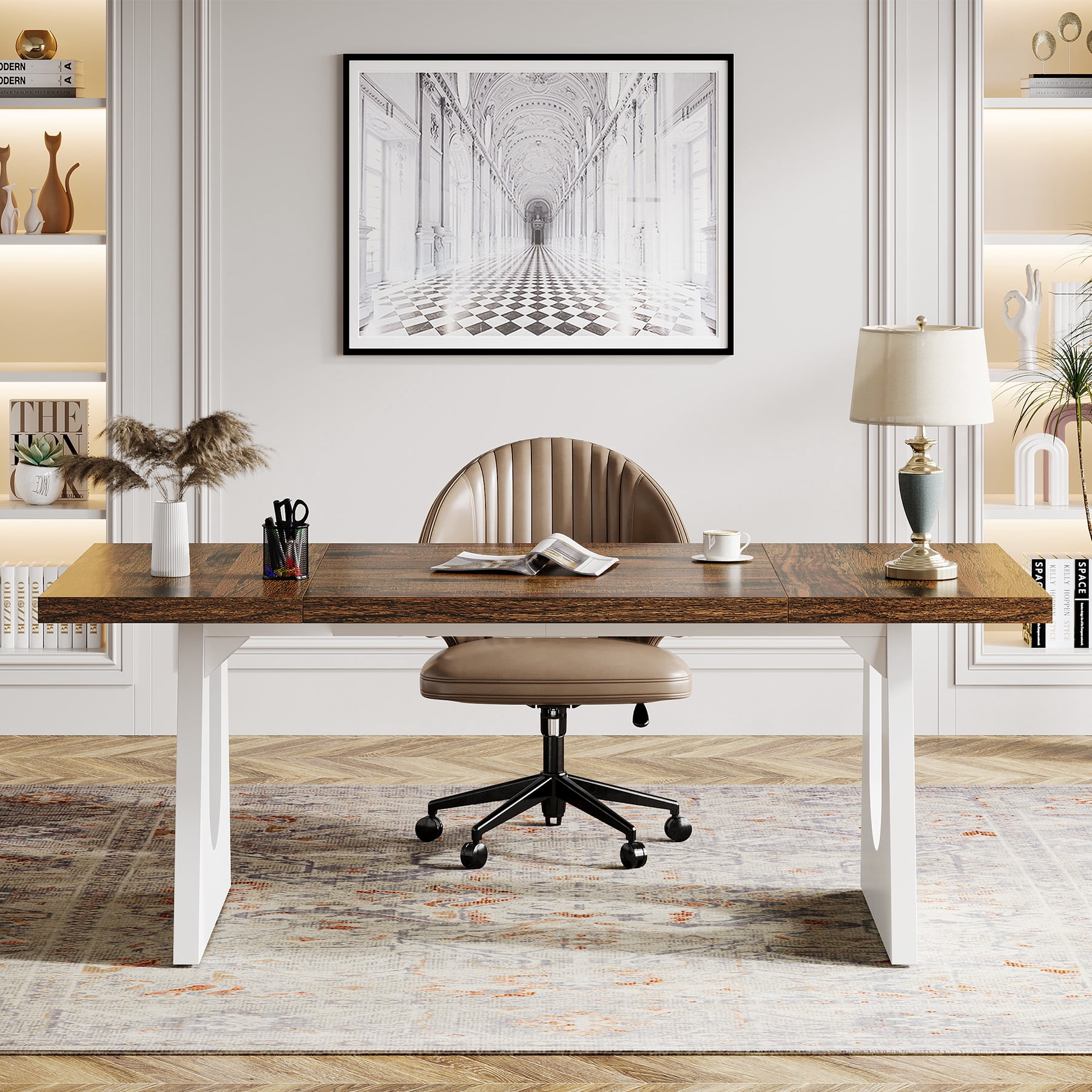 Tribesigns 70.86 in. Rectangle Brown Wood Executive Desk Large Computer Office Desk Writing Table with Sturdy Base