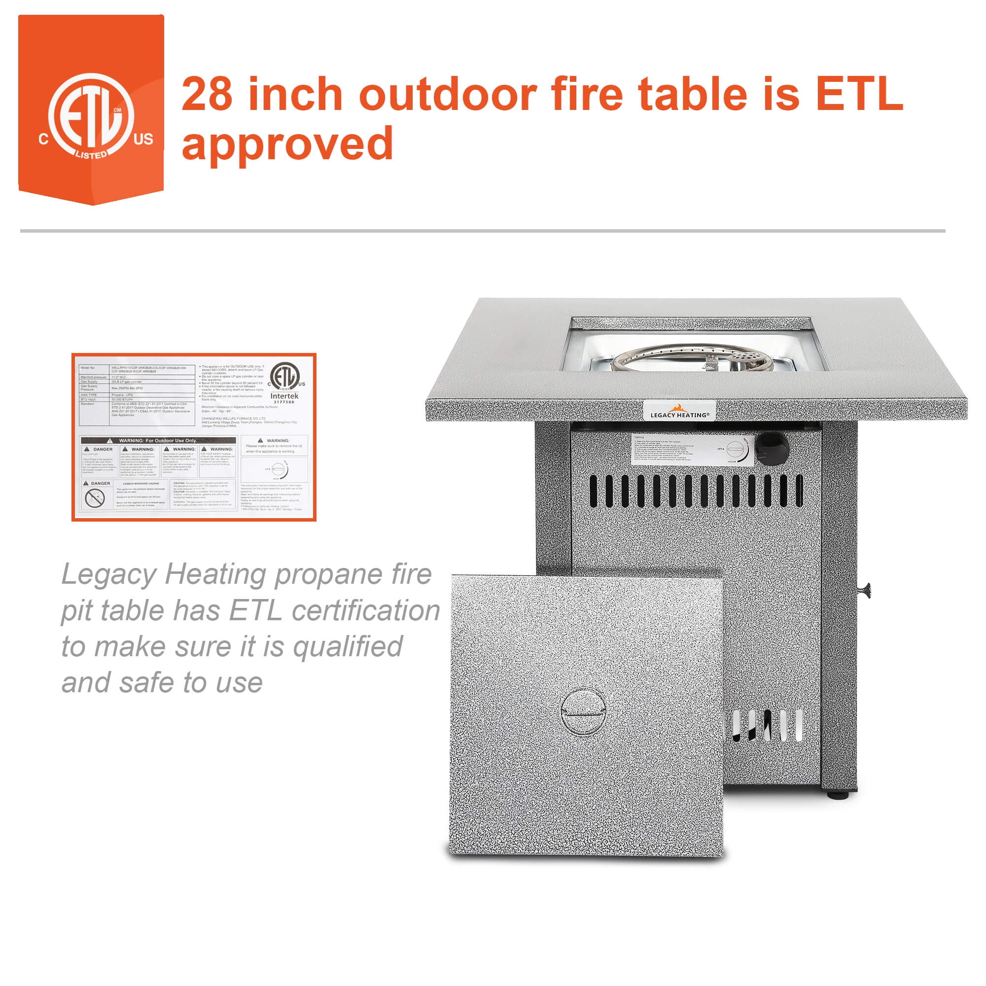 LEGACY HEATING 28IN 50000BTU Square Fire Pit, Hammered Silver Finish