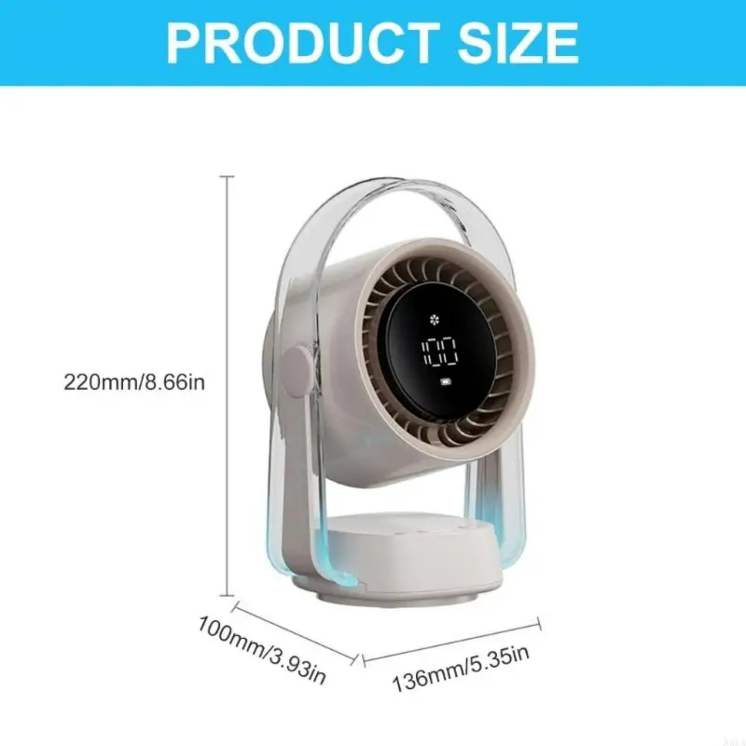 Portable Desk Fan, USB Rechargeable Turbo Table Fan for Desk, Quiet Desktop Air Circulator with 360° Adjustable Rotate, Battery Powered Fan with LED Display for Bedroom, Office, Kitchen