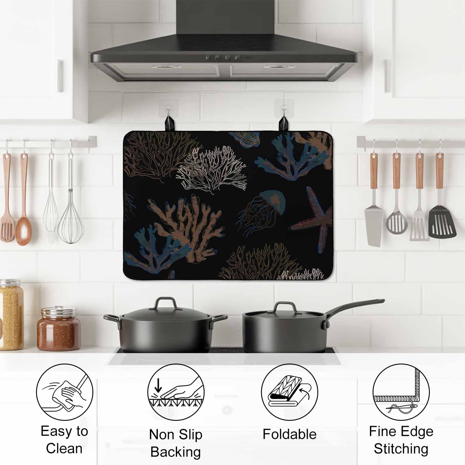 Black Coral Coastal Stove Top Cover for Electric Stove, Heat-proof & Non Slip Glass Top Stove Cover Protector, Nautical Starfish Summer Beach Kitchen Flat Cooktop Rubber Mat 24x21 Inches