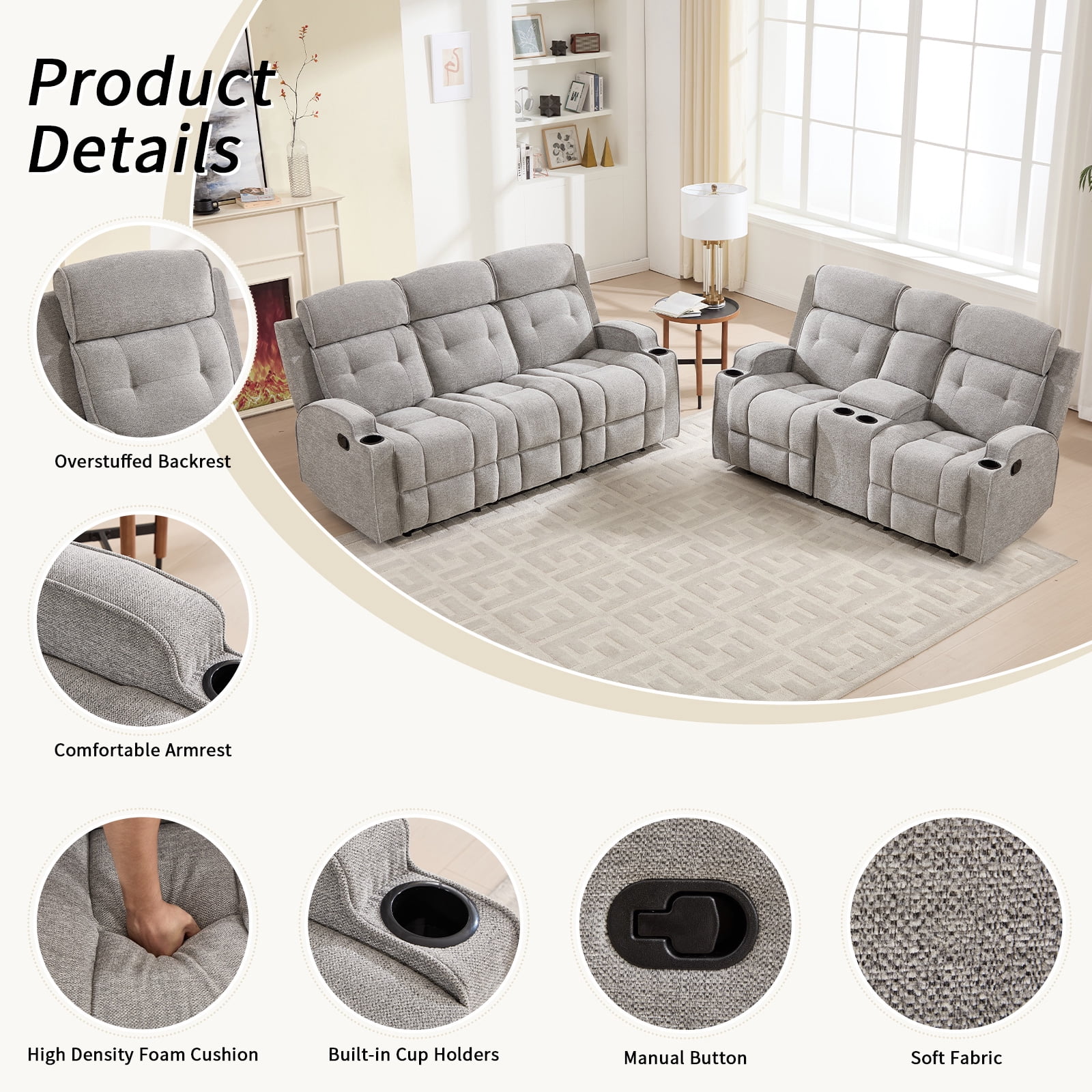 Bonzy Home Manual Recliner Sofa Set – Fabric Loveseat & 3-Seat Reclining Sofa for Living Room
