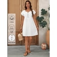 thumbnail image 3 of White 100% Cotton Button-Front Bat Sleeve Casual Short Dress For Women, 3 of 8