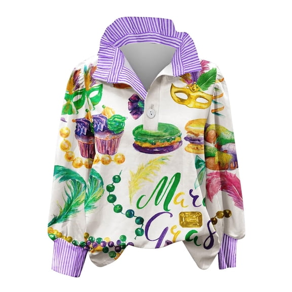 Craaazy Women's Striped Ruffle Collar Carnival Party Graphic Long Sleeve Mardi Gras Tops with Button Gifts
