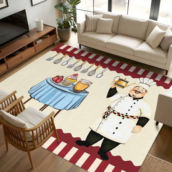 8x10 Area Rugs Chef Non-Skid Rubber Backing Large Rectangle Rugs - Living Room Bedroom Home Office, Red Fruit Cake Hat Kitchen Gourmet Vintage Indoor Floor Mat Carpets Washable Rug