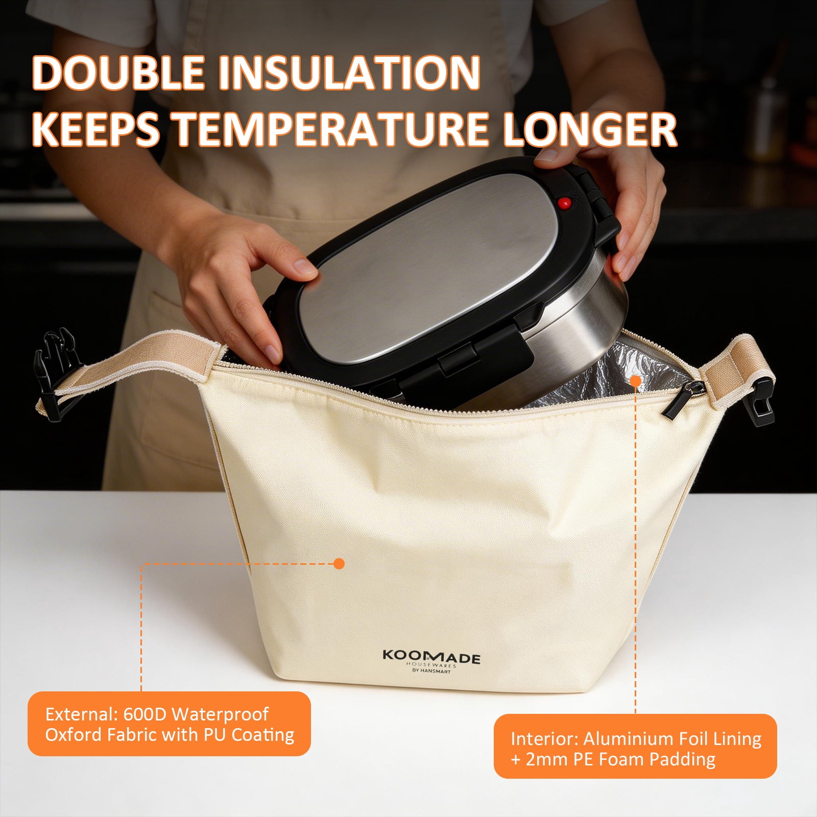 Koomade 33oz Rectangle Food Container With Lunch Box Bag Stainless Steel Double Vacuum Insulated Silver