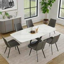 POVISON-71"Modern White Dining Table for 6, Glossy Sintered Stone Tabletop, Solid Black Carbon Steel Base
