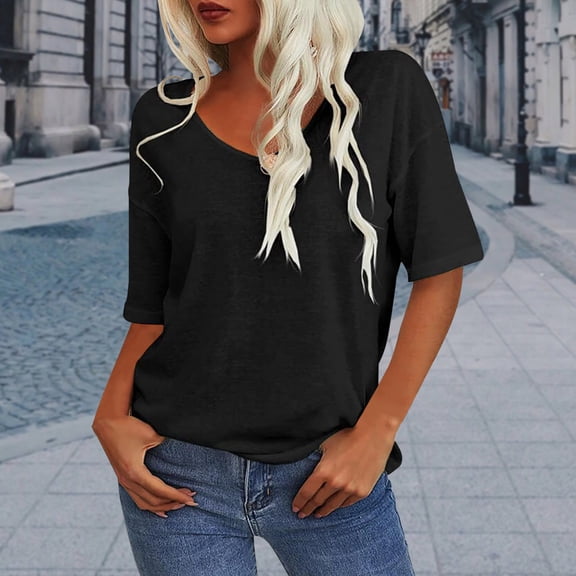 YHAJDS Women's Basic T-shirts Short Sleeve Round Neck Solid Color Classic Casual Tee