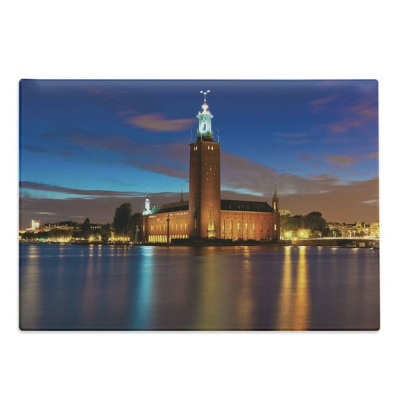 European Cutting Board, Stockholm Scenic Night at City Hall Old Town Enchanted Town Sweden View, Decorative Tempered Glass Cutting and Serving Board, Large Size, Blue Cinnamon Mauve, by Ambesonne