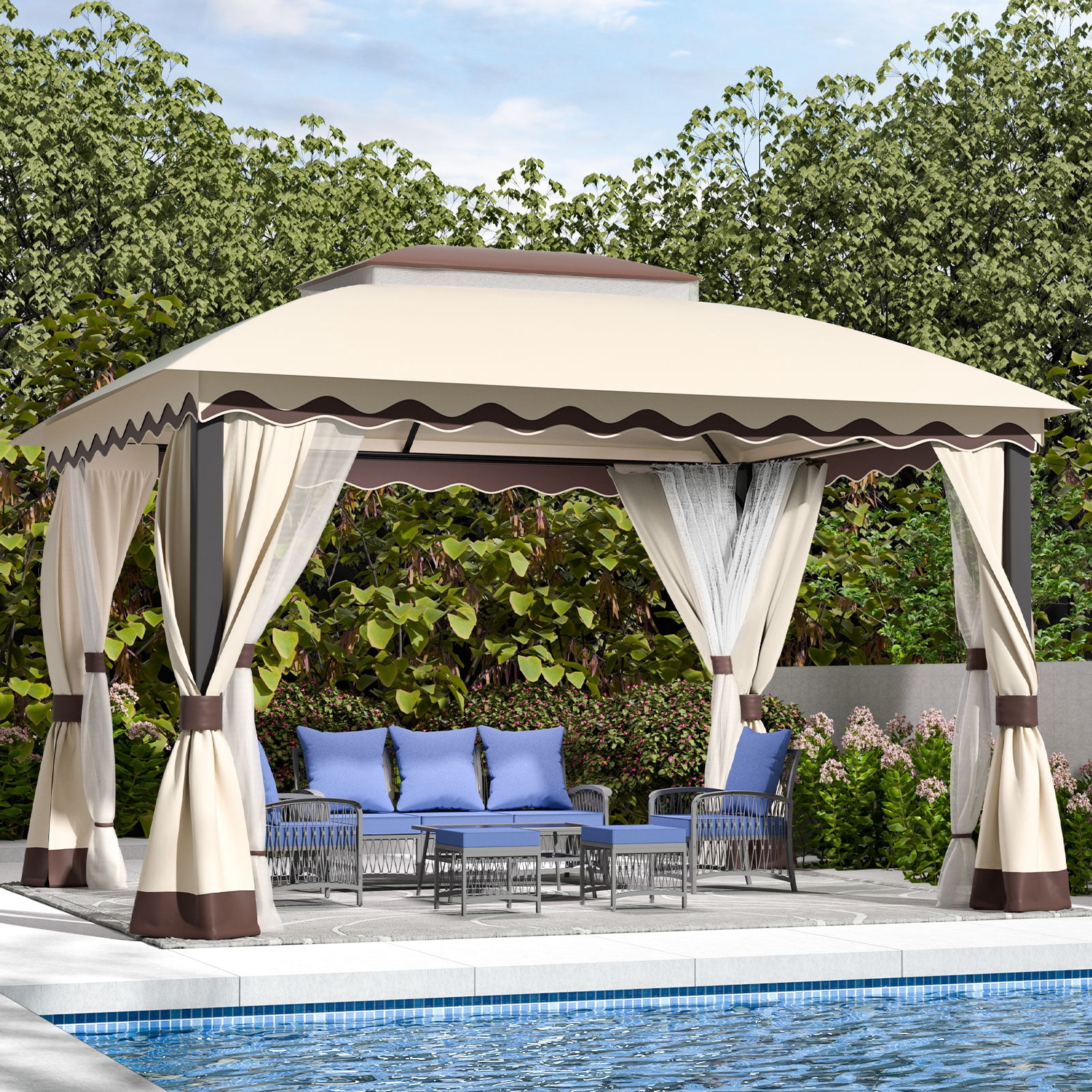 YIKEMA 10×13 Heavy Duty Outdoor Gazebo with Mosquito Netting & Double Roof, Khaki